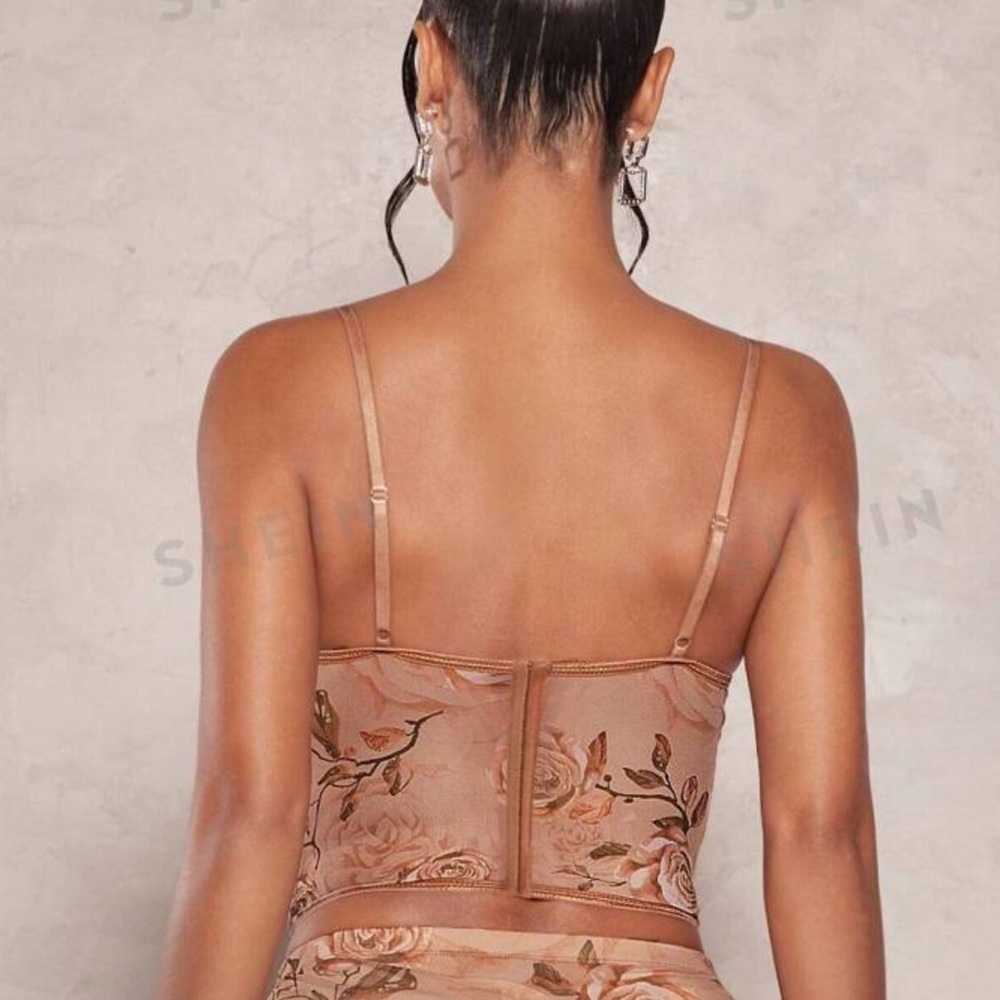 Floral Print Ruched Bustier Mesh Beige/Brown Corset Top size Medium US 6 - Picture 7 of 12